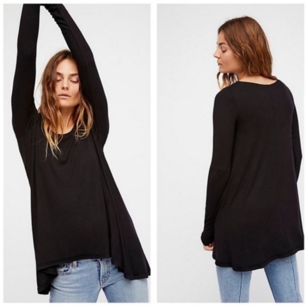 Free People Black January Ribbed Tee Scoop Neck Long Sleeve Size XS